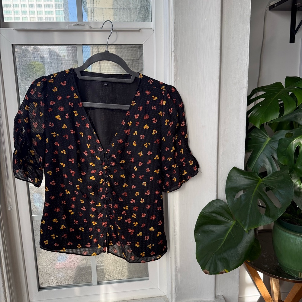 Madewell Black Puff Sleeve Blouse with Notched Collar